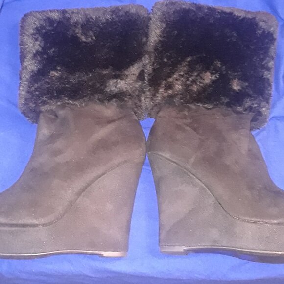 Pointed Toe Platform Wedge Heels Faux Fur Half Boots - Picture 3 of 5